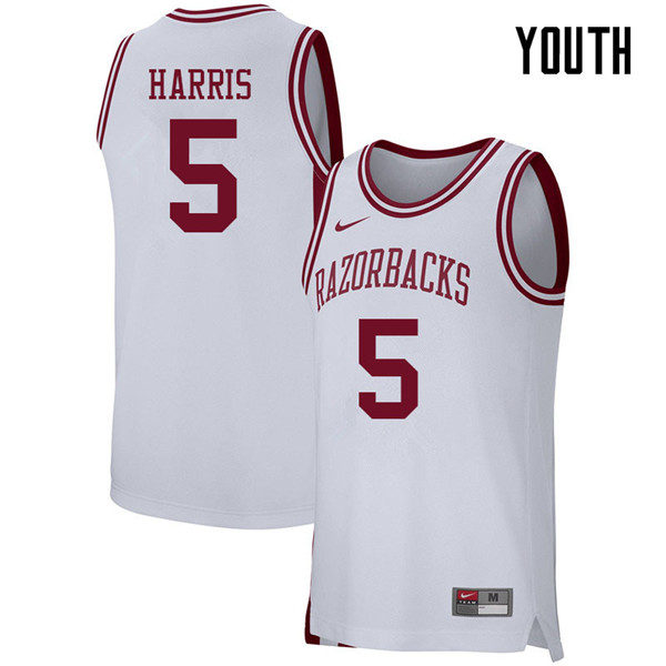 Youth #5 Jalen Harris Arkansas Razorbacks College Basketball 39:39Jerseys Sale-White